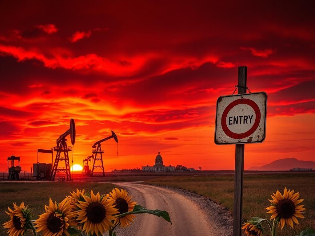 Flick International Dramatic landscape of Oklahoma's oil fields at sunset with oil rigs and a weathered sign