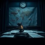 Flick International Ominous courtroom interior with gavel symbolizing legal authority