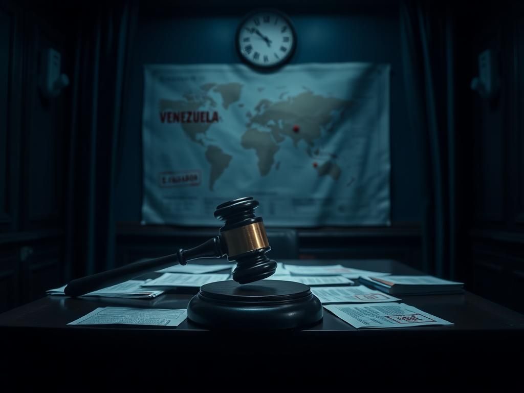 Flick International Ominous courtroom interior with gavel symbolizing legal authority