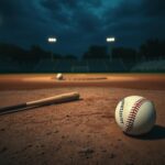 Flick International Dimly lit baseball field at dusk with an empty pitcher’s mound and abandoned bat