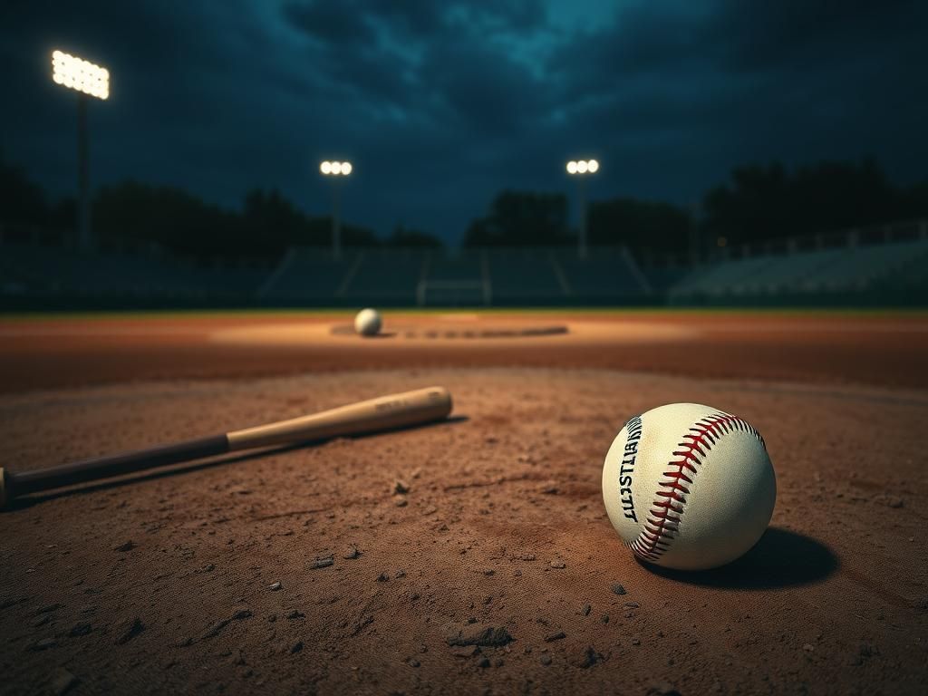 Flick International Dimly lit baseball field at dusk with an empty pitcher’s mound and abandoned bat