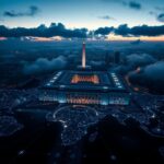 Flick International A dramatic aerial view of the Pentagon at twilight with a digital map overlay symbolizing military strategy