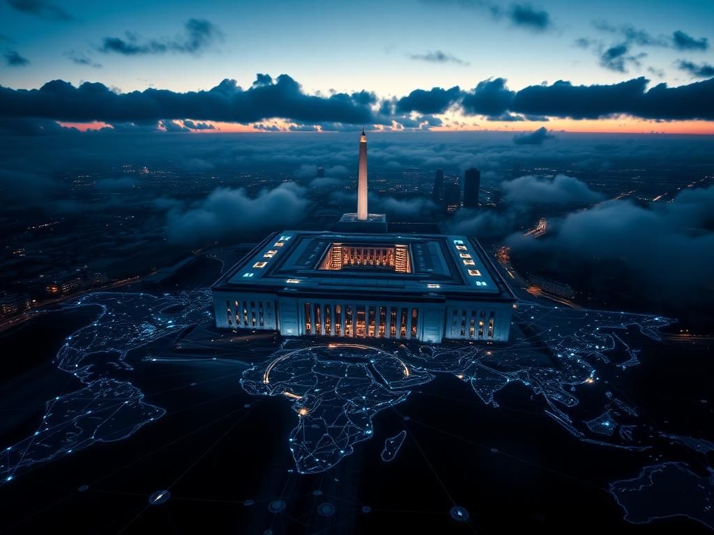 Flick International A dramatic aerial view of the Pentagon at twilight with a digital map overlay symbolizing military strategy