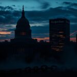 Flick International Dark cityscape at dusk with looming government building symbolizing authority