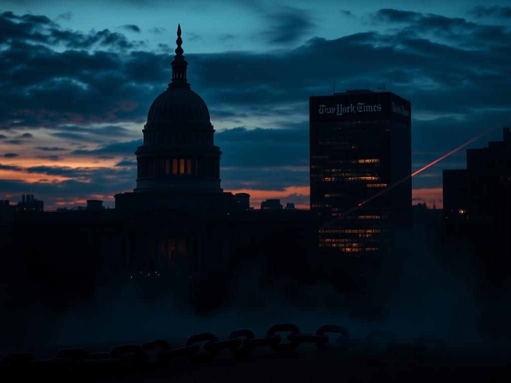 Flick International Dark cityscape at dusk with looming government building symbolizing authority