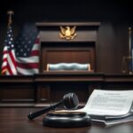 Flick International A courtroom scene featuring a judge's bench, legal documents, and a gavel, symbolizing the legal battle over immigration policies.