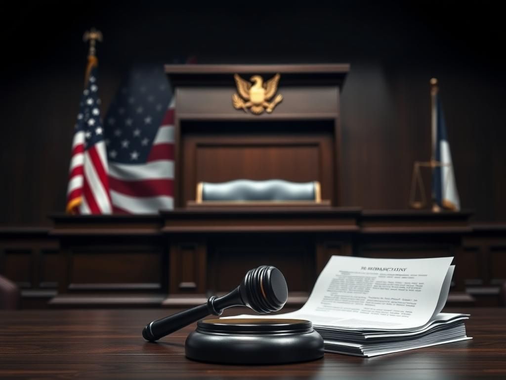 Flick International A courtroom scene featuring a judge's bench, legal documents, and a gavel, symbolizing the legal battle over immigration policies.