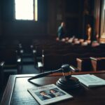 Flick International Courtroom scene depicting a wooden judge's bench and scattered legal documents related to Sherri Papini's child visitation case