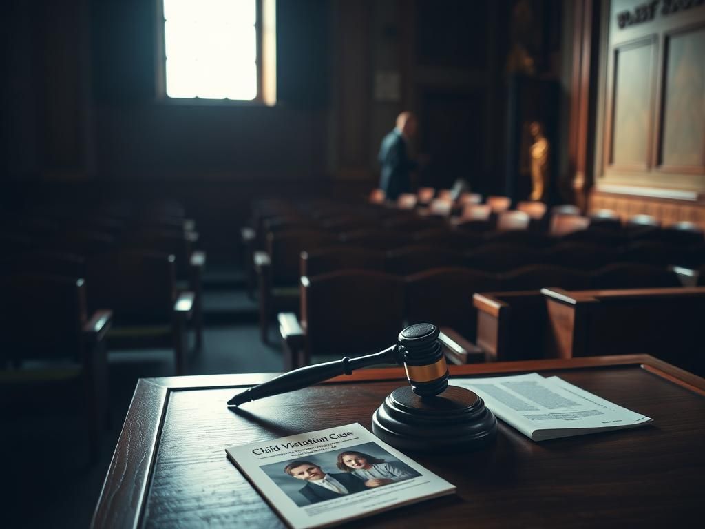 Flick International Courtroom scene depicting a wooden judge's bench and scattered legal documents related to Sherri Papini's child visitation case