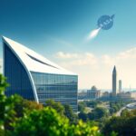 Flick International Modern NASA headquarters with Washington, D.C. skyline in the background