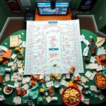 Flick International Overhead view of a chaotic March Madness dining table with snacks and crumpled papers