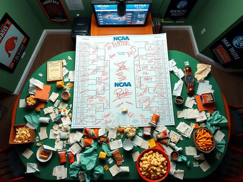 Flick International Overhead view of a chaotic March Madness dining table with snacks and crumpled papers