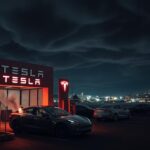 Flick International Dark scene of a vandalized Tesla dealership with damaged vehicles and smoke from a fire