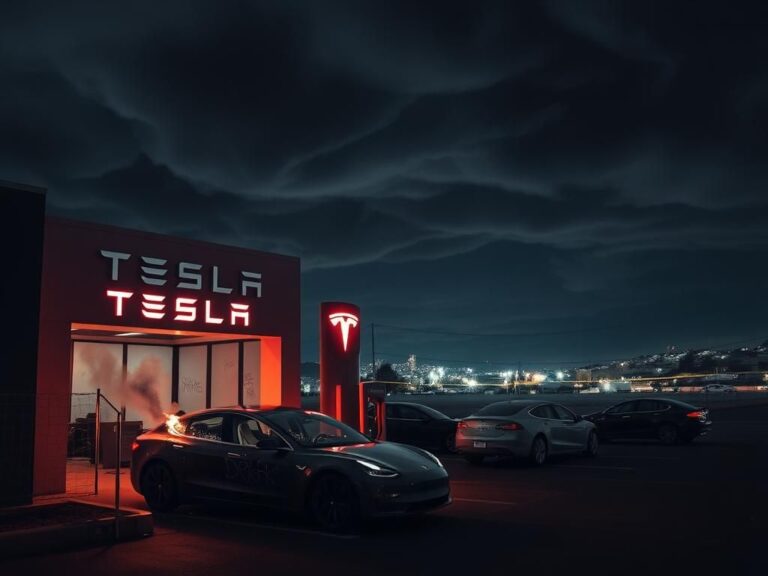 Flick International Dark scene of a vandalized Tesla dealership with damaged vehicles and smoke from a fire