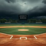 Flick International A stark empty baseball field under a gray sky symbolizing uncertainty