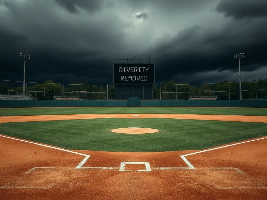 Flick International A stark empty baseball field under a gray sky symbolizing uncertainty