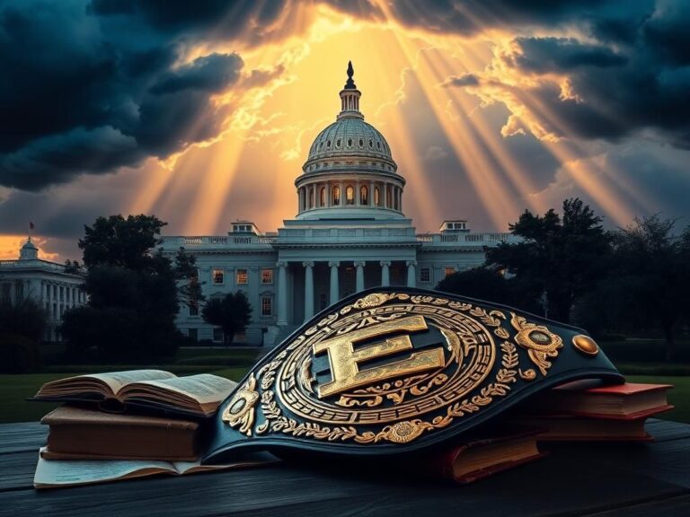 Flick International A dramatic depiction of the Education Department building in Washington, D.C. with a wrestling belt and textbooks