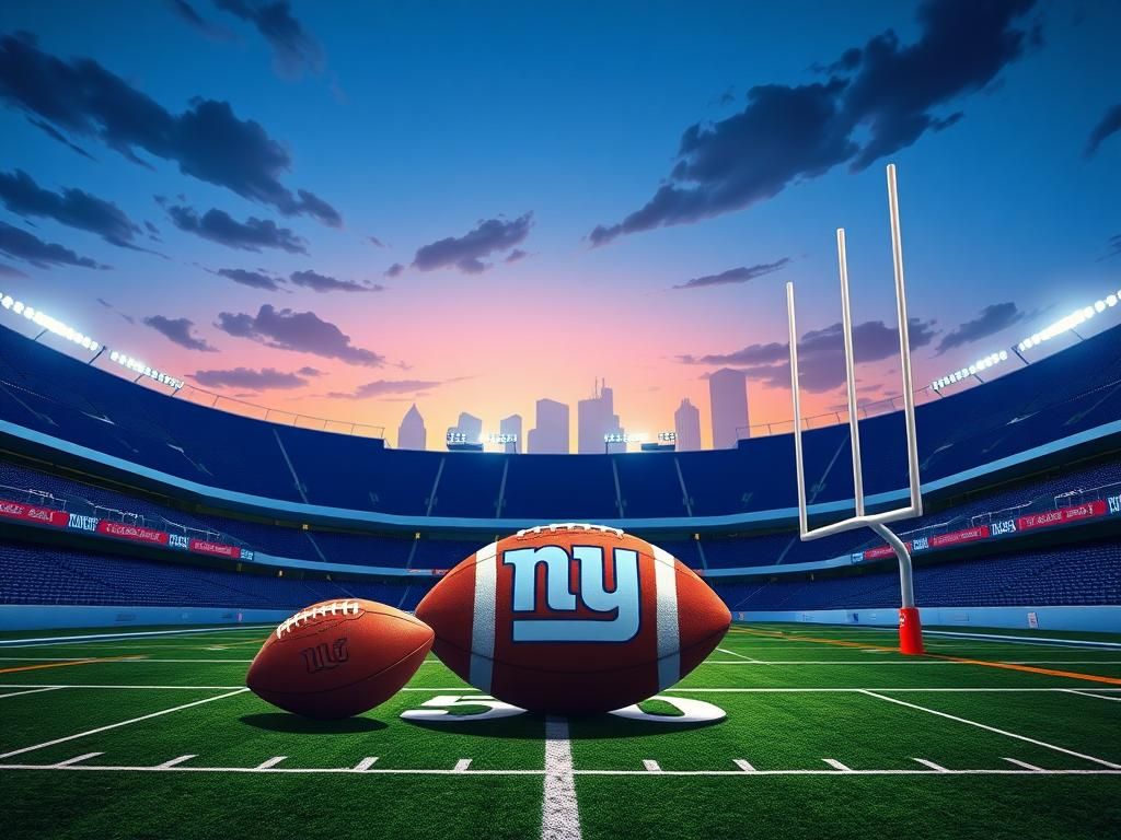 Flick International A stylized, empty New York Giants stadium under a twilight sky, showcasing the team's iconic colors.