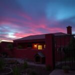 Flick International Exterior view of Gene Hackman's Southwestern-style home with a garden symbolizing loss