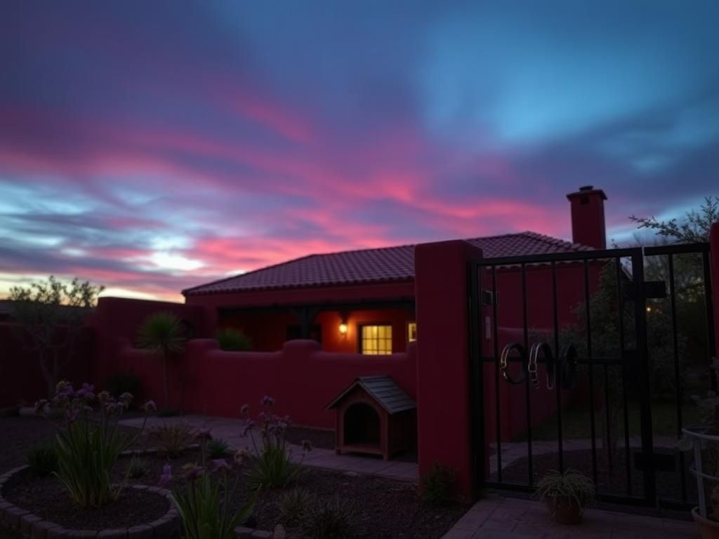 Flick International Exterior view of Gene Hackman's Southwestern-style home with a garden symbolizing loss