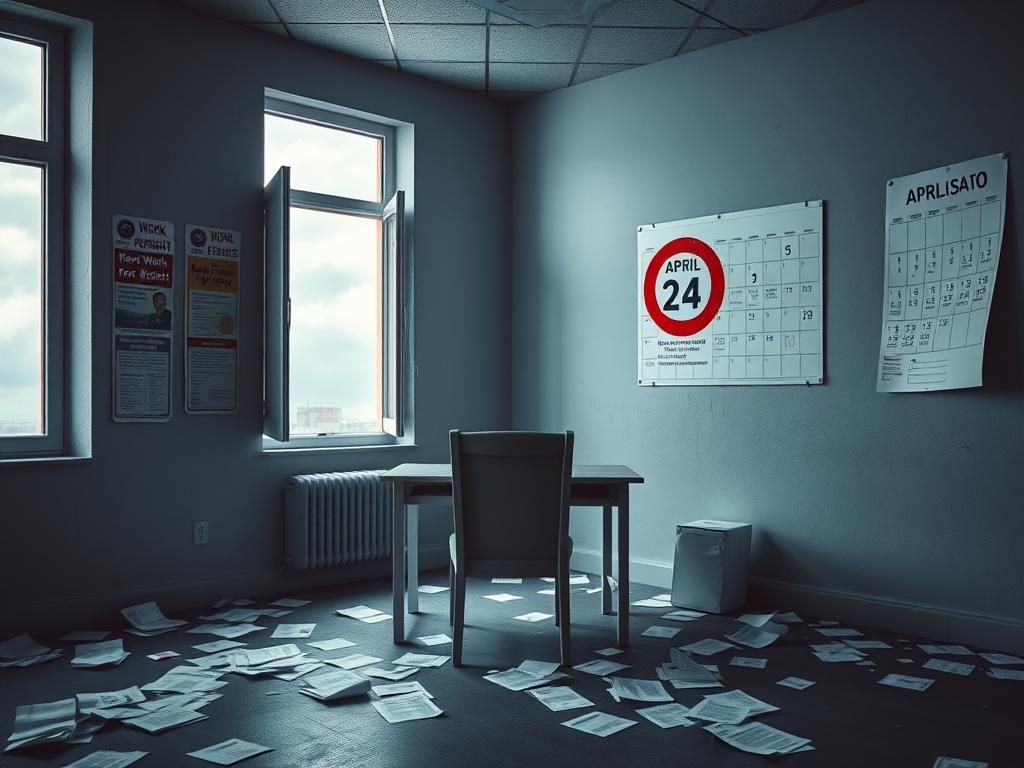 Flick International Empty immigration office with scattered paperwork symbolizing migrant uncertainty