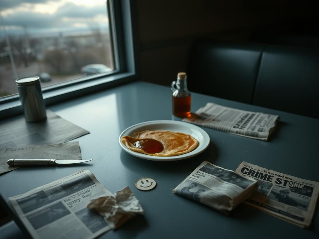 Flick International Dimly lit diner table with partially filled pancake plate and syrup bottle, suggesting a tense conversation.