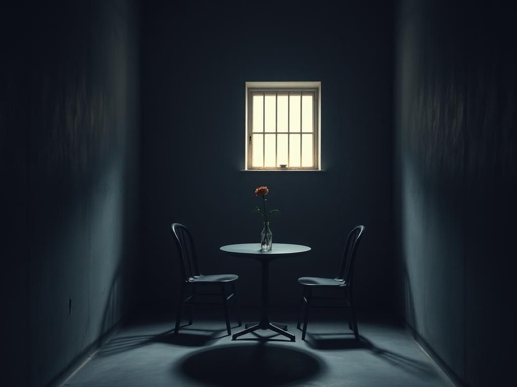 Flick International Dimly lit prison room with empty chairs and a wilted flower