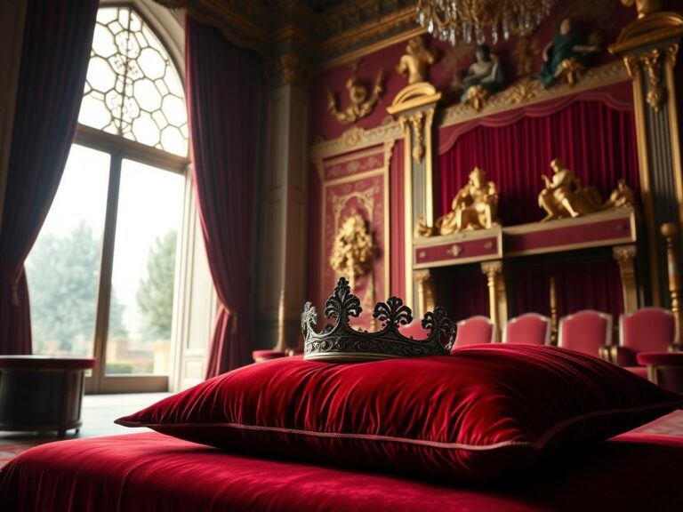 Flick International Ornately detailed crown on plush red velvet pillow in a grand palace interior