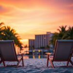 Flick International Serene beach scene at sunset with luxurious resort and palm trees