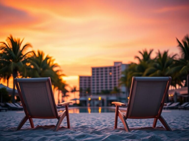 Flick International Serene beach scene at sunset with luxurious resort and palm trees