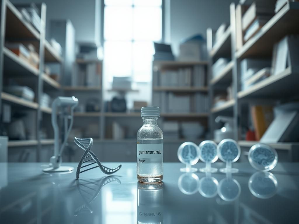 Flick International Delicate glass vial of gantenerumab in a serene Alzheimer’s research laboratory