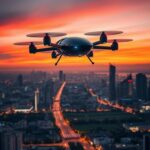 Flick International A sleek flying car, the BlackBird, soaring above a futuristic city skyline at dusk