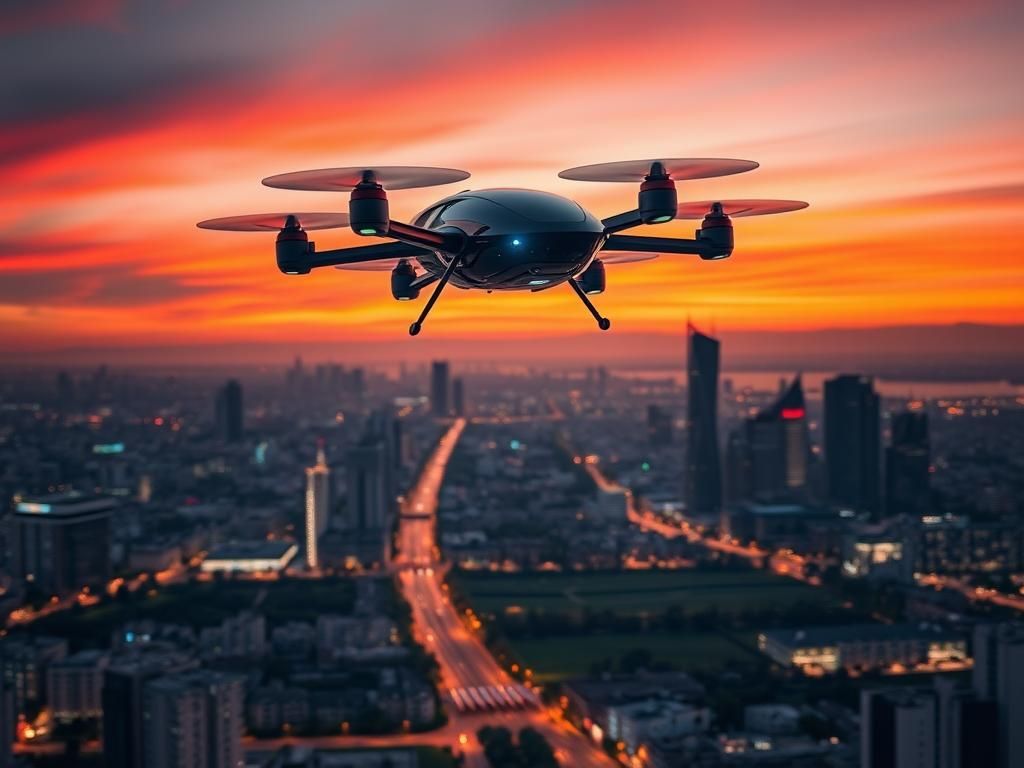 Flick International A sleek flying car, the BlackBird, soaring above a futuristic city skyline at dusk