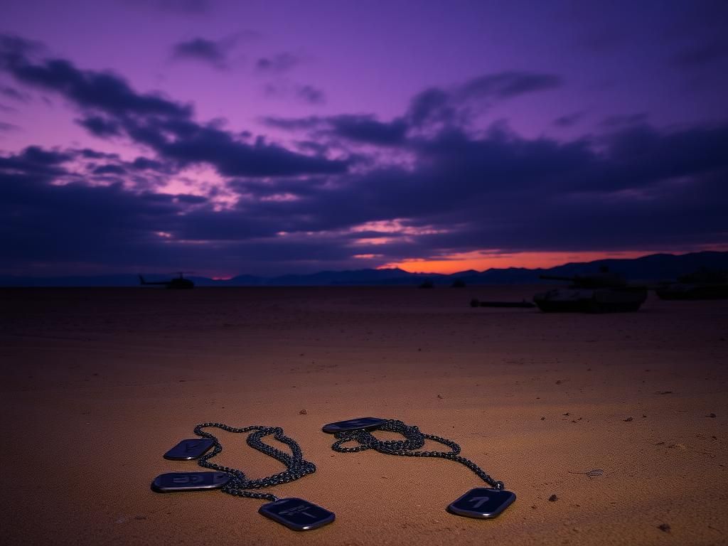 Flick International A somber military landscape at dusk featuring abandoned military equipment in a barren desert terrain