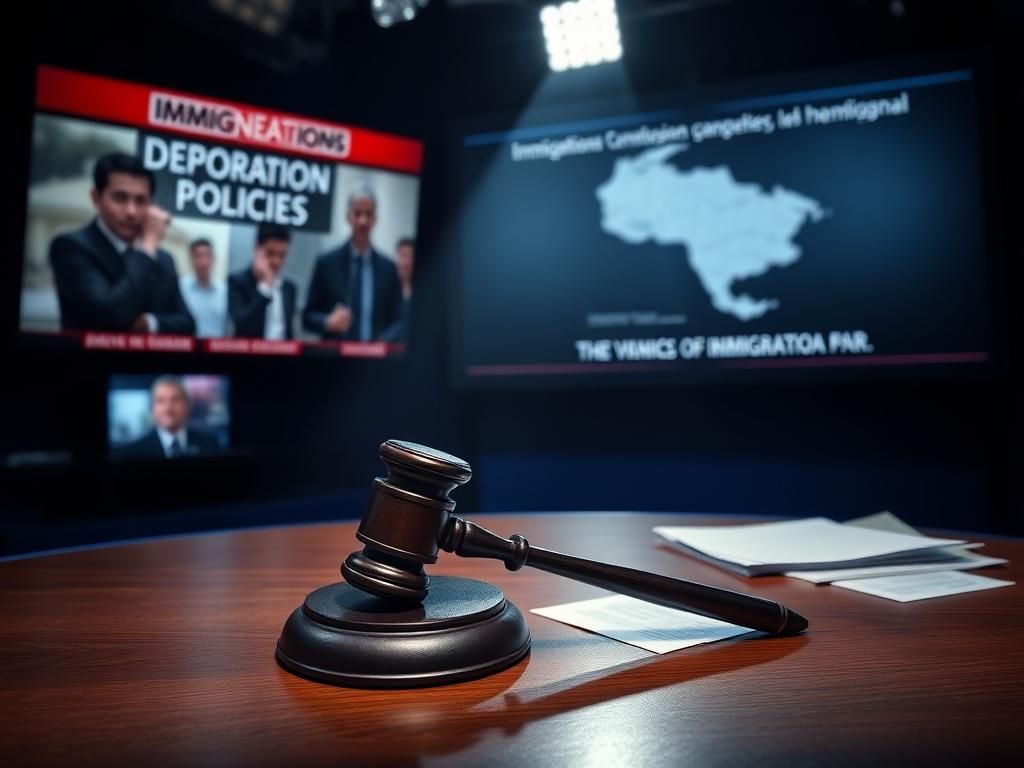 Flick International Dimly lit news studio with gavel and headlines on immigration