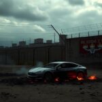 Flick International Dark landscape of a modern El Salvador prison with charred Tesla remains