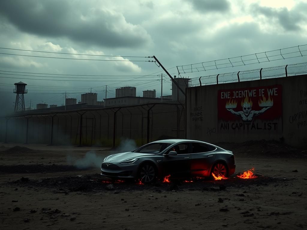 Flick International Dark landscape of a modern El Salvador prison with charred Tesla remains