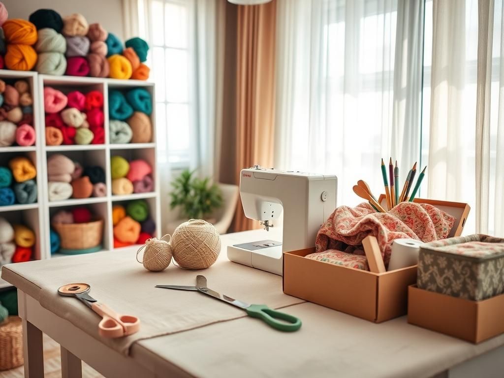 Flick International Cozy crafting workspace with colorful yarns and sewing tools