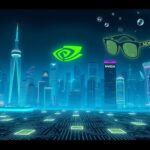 Flick International A futuristic cityscape featuring a prominent Nvidia logo amidst neon lights and AI circuits