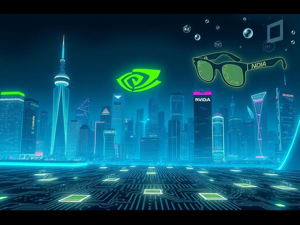 Flick International A futuristic cityscape featuring a prominent Nvidia logo amidst neon lights and AI circuits