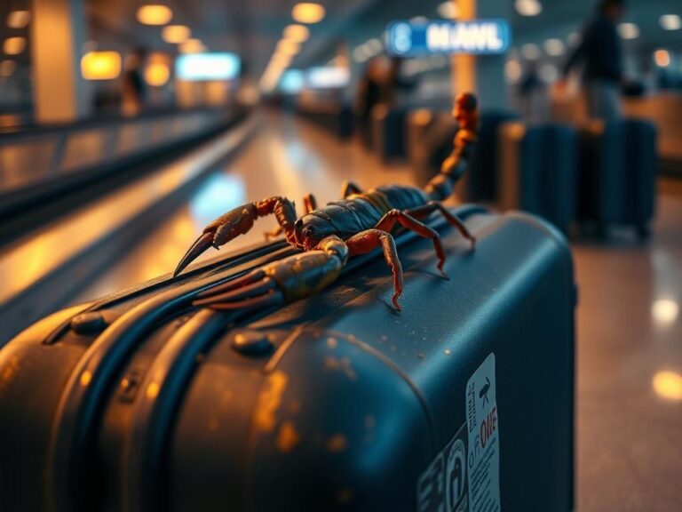 Flick International A close-up of a scorpion on a dark suitcase at Boston Logan Airport