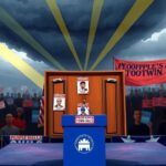 Flick International Chaotic town hall setting with Democratic Party podium and missing Republican representatives posters