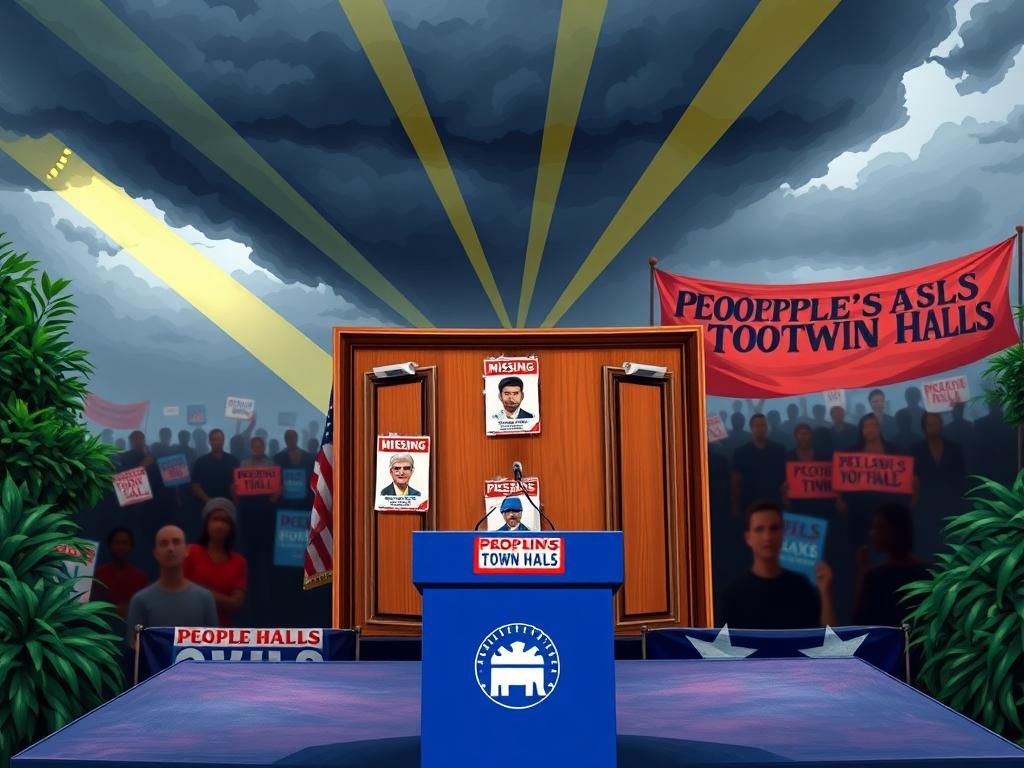 Flick International Chaotic town hall setting with Democratic Party podium and missing Republican representatives posters