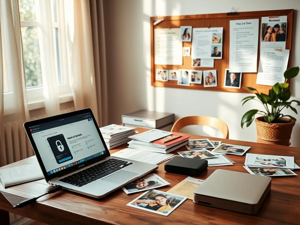 Flick International Cozy home office with a wooden desk, laptop, and family photos.