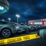 Flick International Damaged Tesla vehicles outside a dealership in Ontario under neon lights