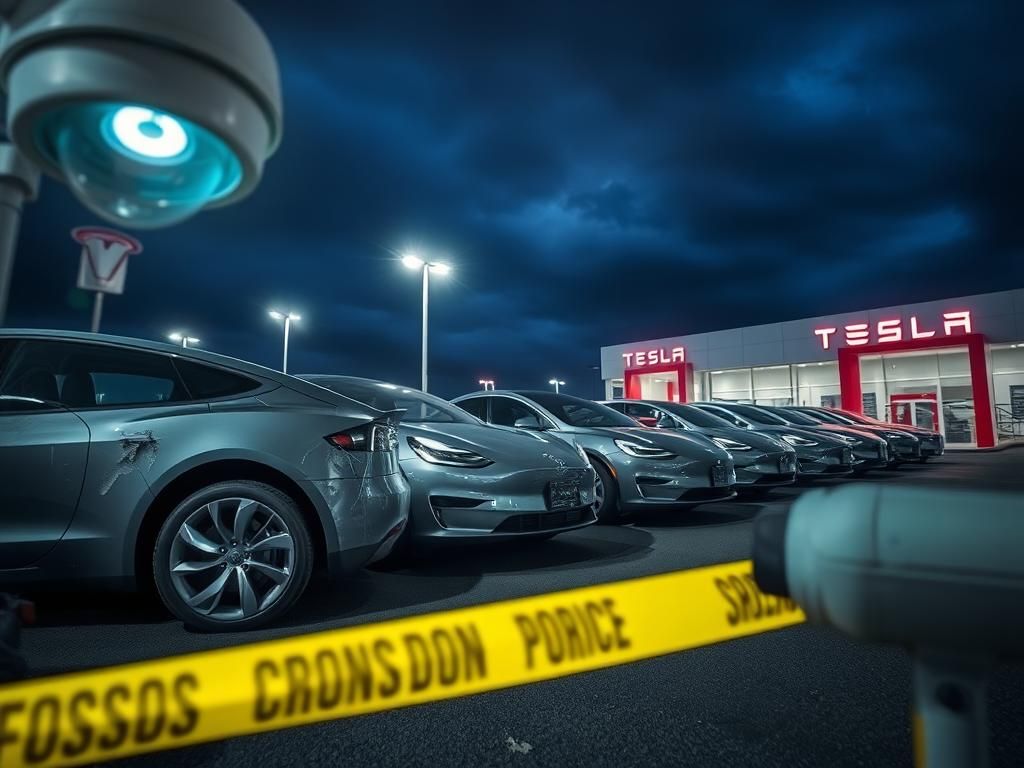 Flick International Damaged Tesla vehicles outside a dealership in Ontario under neon lights