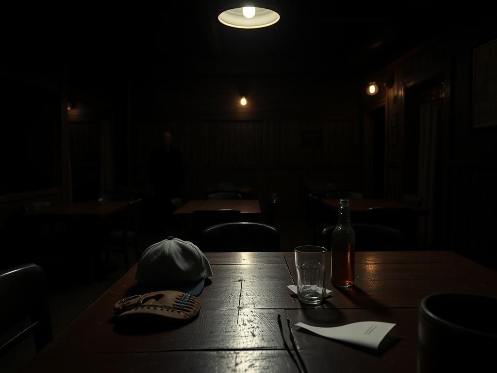 Flick International Dimly lit bar scene with a baseball cap and glove symbolizing a college baseball player's connection to the sport.