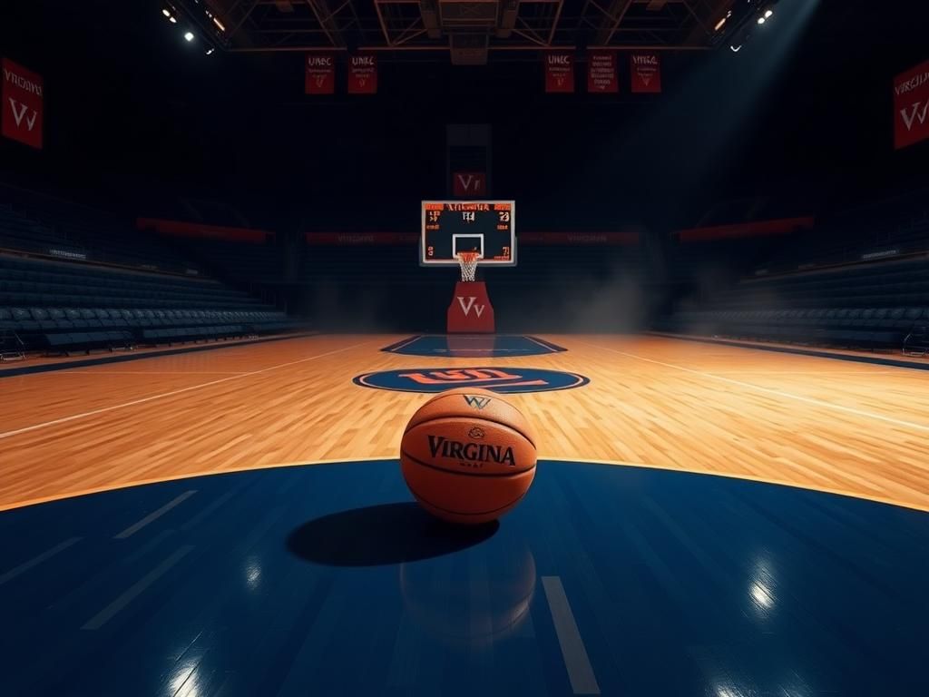 Flick International Empty basketball court with a spotlight on a basketball, illustrating a new beginning for the University of Virginia basketball team.