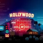 Flick International A vibrant collage depicting Hollywood's relationship with technology and entertainment, featuring AI and iconic TV symbols.