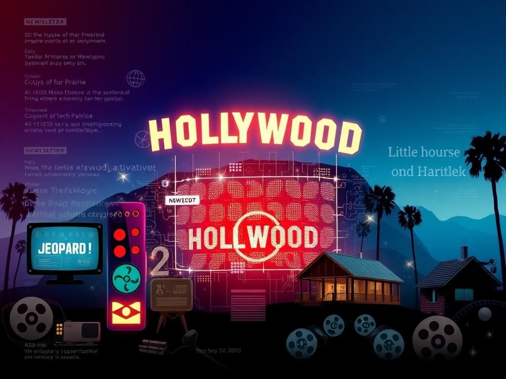 Flick International A vibrant collage depicting Hollywood's relationship with technology and entertainment, featuring AI and iconic TV symbols.